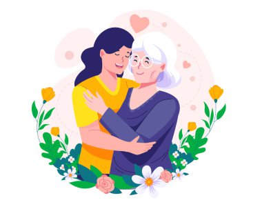 Mutlu yetişkin kız, yaşlı annesine sevgiyle sarılıyor. Anne ve kızı. Genç bir kız ve yaşlı bir anne birbirlerini kucaklarlar. Anneler günün kutlu olsun.