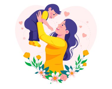 Mutlu Genç Anne bebekle oynuyor. Anne bebeğini kaldırıyor. Anneler Günü Çizimi