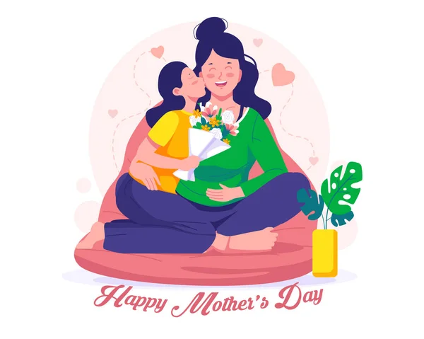 Днем Матери Иллюстрация Дочь Целует Мать Дарит Цветы Мать Дочь — стоковый вектор