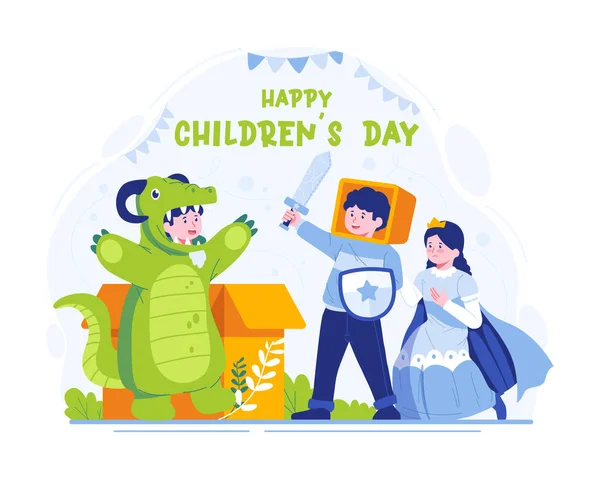 Ευτυχισμένη Ημέρα Των Παιδιών Χαριτωμένο Αγόρι Και Κορίτσι Παίζουν Χαρακτήρες — Διανυσματικό Αρχείο