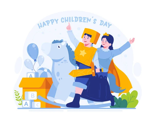 Ilustracja Koncepcji Dnia Dziecka Happy Cute Chłopiec Dziewczyna Grają Koń — Wektor stockowy