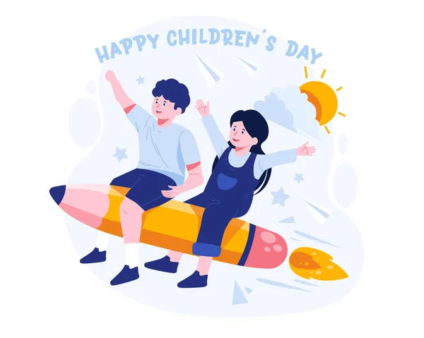Šťastný Den Dětí Děti Jezdí Raketě Tužkou Nebi Roztomilý Chlapec — Stockový vektor