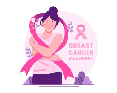 Meme Kanseri Farkındalığı Ayı. Göğüs kanseri olan kadınlar için endişe ve destek kaynağı olarak kurdele pembesi olan bir kadın. Kadın Sağlığı Dayanışma ve Hastalıkları Önleme Kampanyası