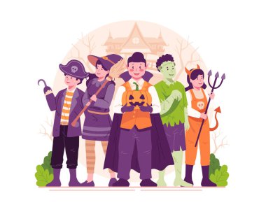 Mutlu Cadılar Bayramı. Cadılar Bayramı 'nı Kale Arkaplanlı Kutlayan Çeşitli Cadılar Bayramı kostümleri giyen Sevimli Mutlu Çocuklar