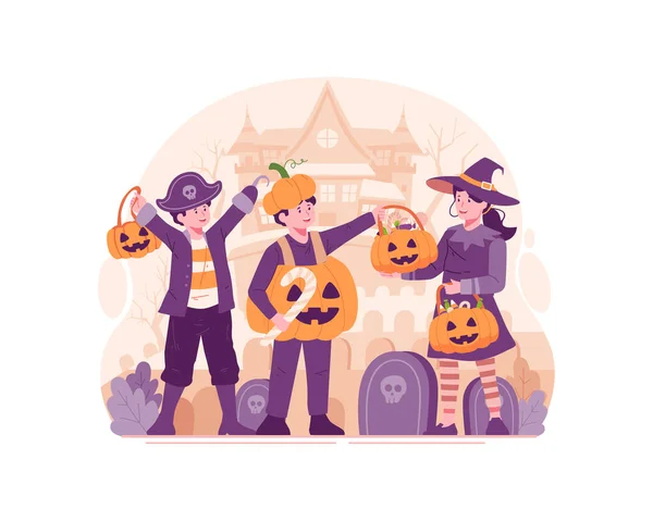Happy Cute Children Dressed Halloween Costumes Pumpkin Disguise Witch Pirate — Stock Vector