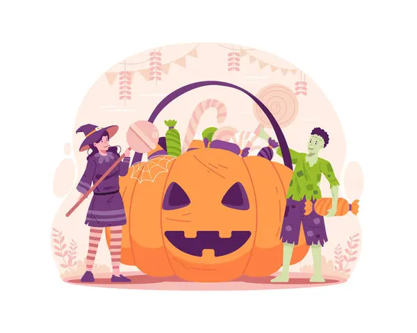 Boy Girl Dressed Halloween Costumes Huge Halloween Pumpkin Basket Full — Stock Vector