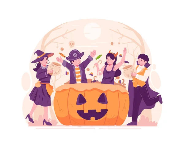 Niños Vistiendo Disfraces Halloween Divirtiéndose Con Una Gran Cesta Calabaza — Vector de stock