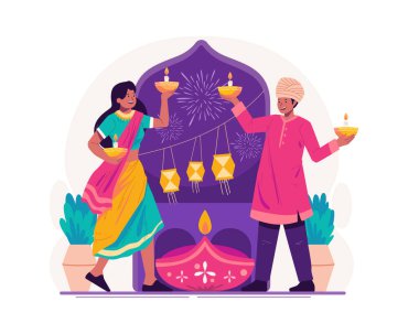 Geleneksel Giysilerdeki Hintli Çift Diwali Işık Festivali 'ni Kutlamak İçin Işık Yağı Lambası veya Diya Tutuyor