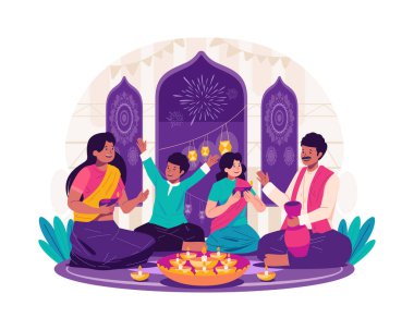 Mutlu Diwali selamları. Hint Ailesi Diwali 'yi Kutla, Geleneksel Hindu Işık Festivali
