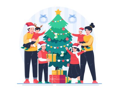 Noel 'i Noel Ağacı ve Hediyelerle Kutluyoruz. Mutlu Noeller ve Yeni Yıl İllüstrasyonu