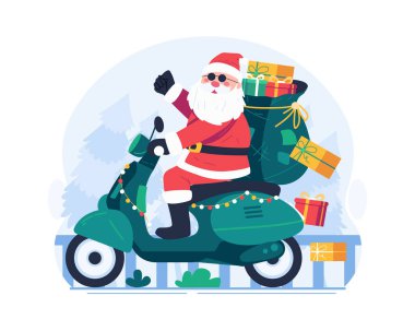 Scooter süren Noel Baba, bir çuval dolusu hediye taşıyan. Mutlu Noeller Çizim