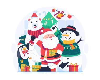 Merry Christmas Illustration. Santa Claus and His Adorable Companions. A Cute Snowman, Polar Bear, and Penguin With a Christmas Tree and Gifts clipart