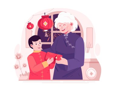 Mutlu Asyalı küçük bir çocukla Çin Yeni Yılı 'nın resmi büyükannesinden kırmızı zarf ya da şanslı para aldı.