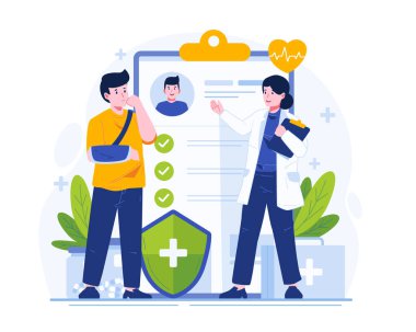 Kadın bir doktor, eli bandajlı yaralı bir adama kocaman bir panoda sigorta poliçesini açıklıyor. Sağlık Sigortası İllüstrasyon