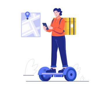 Dişi bir kurye akıllı telefondaki GPS 'i kontrol ederken kendi kendini dengeleyen bir uçan kaykaya biniyor. Hızlı teslimat için çevre dostu araç kullanan sarı bir sırt çantası taşıyor. Düz vektör illüstrasyonu