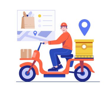 Kırmızı scooterlı bir erkek kurye, dijital haritadaki GPS navigasyonunu takip ederken yiyecek ve paketlerini teslim ediyor. Hızlı teslimat ve canlı sipariş takibi illüstrasyonu