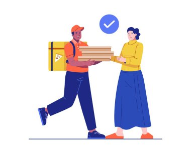 Erkek bir kurye, istiflenmiş pizza kutularını kadın bir müşteriye teslim ediyor. Yemek teslimatı, paket servis ve fast food konsepti.
