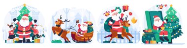 Noel Baba 'nın Ren Geyiği ve Çocuklarla Kızağa Binişi. Mutlu Noeller Kış Tatil Çizimleri