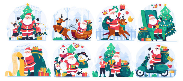 Illustration Set of Santa Claus and His Adorable Companions With a Christmas Tree and Gifts. Merry Christmas Winter Holiday Illustration