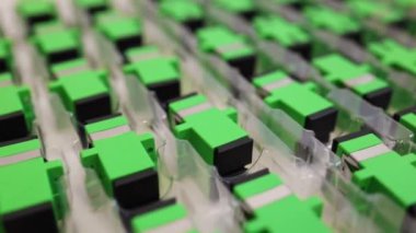 Masadaki plastik kabarcıklarda farklı konnektörleri olan optik adaptörler.