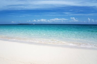Cennet adasındaki el değmemiş kumlu sahil, Bahamalar.