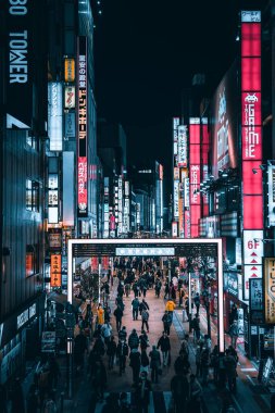 Tokyo, Japonya 15 Aralık 2023: Neon ışıklarından biri Tokyo, Japonya 'daki insanlarla dolu Shinjuku caddelerini doldurdu.