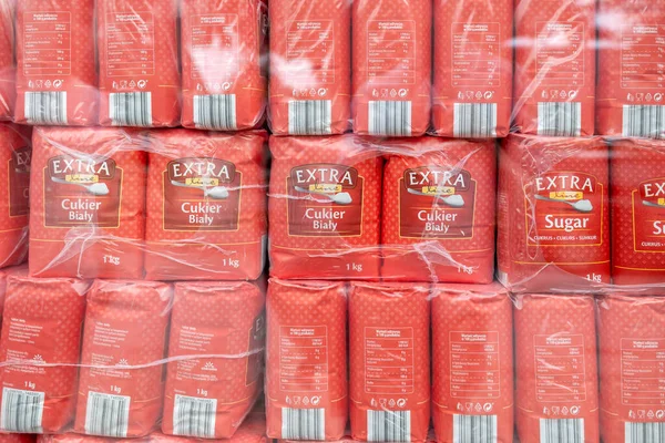 Massor Förpackningar Polskt Märkessocker Lager Förbereds För Försäljning Sockerproduktion Mat — Stockfoto