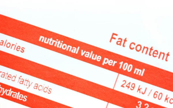 Food packaging nutritional value per 100 ml calories, nutrients in 100 mililiters information label printed on generic food container object, detail, macro, extreme closeup, nobody. Nutrition concept