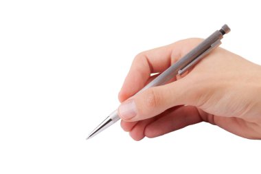 Modern gümüş kalemle yazan bir adam, beyaz arka planda elle izole edilmiş, kesilmiş, el hareketi yazan, yakın plan. Bir belge imzalamak, kalemle işaret etmek, daire çizmek, sınav yazma, form doldurmak.