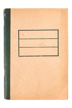 Eski moda defter beyaza izole edilmiş, kesilmiş, ön kapağı isim etiketli, metin kopyası alanı, boş etiket, masa üstü görünümü, antika okul defteri, yakın nesne, okul malzemeleri