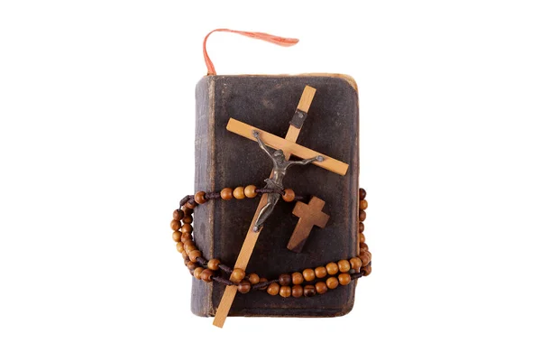 Velho Livro Oração Bíblia Sagrada Cruz Cristã Conceito Abstrato Oração — Fotografia de Stock