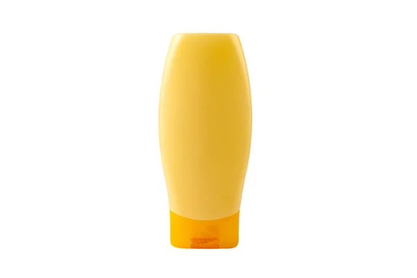 Una Sola Botella Champú Amarillo Genérico Blanco Limpio Nuevo Objeto — Foto de Stock