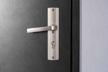 Basit modern metal kapı kolu yepyeni bir apartman kapısı, ön manzara iç mekan nesne detayı, yakın çekim, hiç kimse apartman bloğu güvenlik soyut konsepti