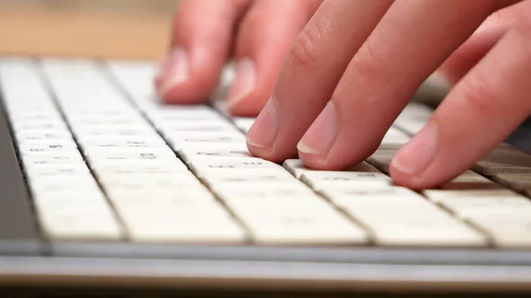 Hands Fingers Fast Typing White Laptop Keyboard Side View Computer — Stock Photo, Image