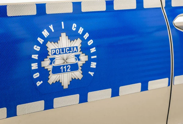 Polícia Polonesa Símbolo Logotipo Azul Lado Carro Polícia Detalhe Objeto — Fotografia de Stock