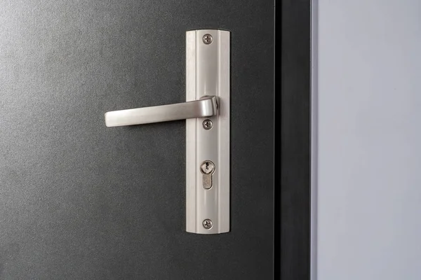 Simple modern metal door handle on a brand new apartment door, front view interior side object detail, closeup, nobody no people Real estate block of flats safety security protection abstract concept