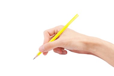 Elinde sarı bir kalem, kağıda bir şeyler yazıyor, yakın plan, beyaz arka plan izole edilmiş, kesilmiş, bir kişi. Erkek imzası, çizim ya da çizim basit bir kavram.