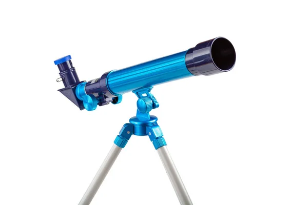 三脚のシンプルなブルーのおもちゃ望遠鏡 白い背景に単独のオブジェクト クローズアップ 宇宙観測科学機器 天文学趣味の概念シンボル — ストック写真