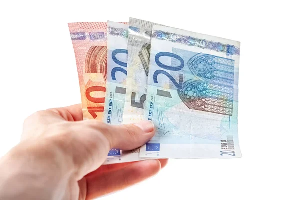Homme Tenant Distribuant Quelques Billets Euros Main Petites Factures Monnaie Photos De Stock Libres De Droits