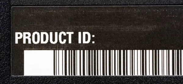 Stock image A generic empty blank product ID identification number value sticker label placeholder mockup with a barcode and place for text electronic devices store inventory, factory manufacturing series concept