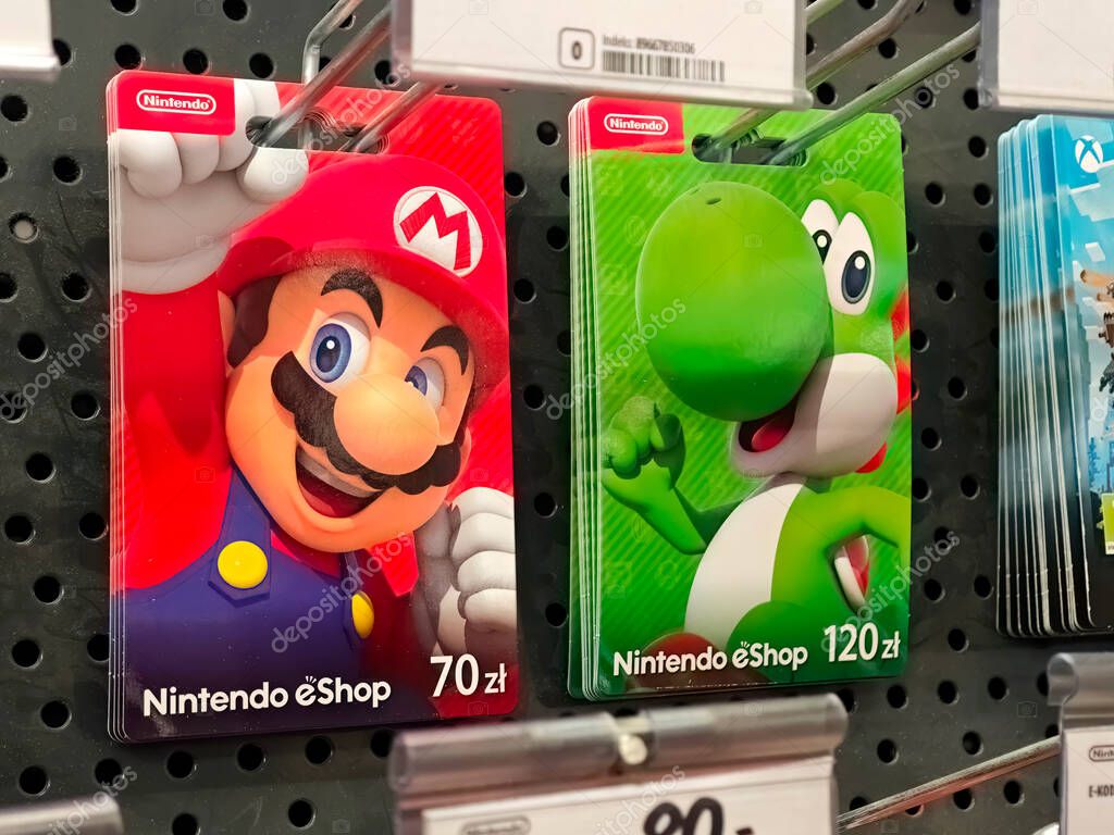 Mario and Yoshi characters on new Nintendo Switch eShop vouchers coupon cards closeup detail, nobody Digital gift cards for Nintendo Switch games, famous game characters