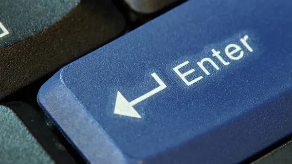 stock image Large blue enter key big huge enter key abstract concept symbol macro detail extreme closeup shot, laptop computer keyboard, nobody, no people. Entering data, entry accepting approval and confirmation