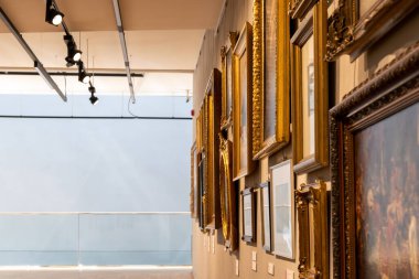 Bilinmeyen eski tablolar, genel bir müze sanat galerisinin içinde duvarda asılı duran çerçeveler, yan görüş, sığ DOF, sergi binası, oda içi çekimler, hiç kimse, kopyalama alanı.