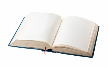 Boş boş sayfalar ile yayılmış basit mavi kalın kitap, kendi metin resimleri için şablon, açı, hiç kimse, izole kesilmiş. Eğitim öğrenimi, edebiyat, kitaplar ders kitapları kavramı