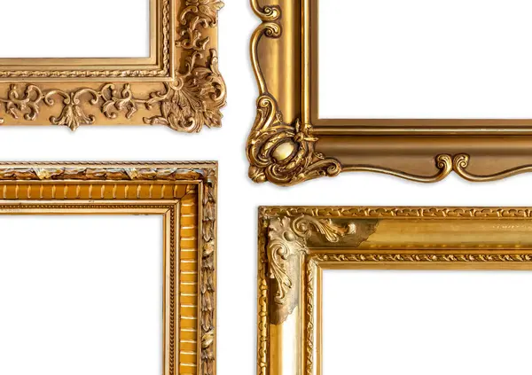 stock image Gilded gold colored fancy carved painting frames composition, white background. Art exhibition, fine arts auction, luxury, artistic skills culture and historical heritage abstract concept, nobody