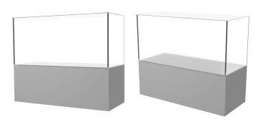 Sergi veya perakende için modern minimalist vitrinler, gri tabanlı temiz cam vitrinler, beyaz, kesik, ürün sunumu, sanat müzesi kullanımı, pahalı öğeler gösterimi