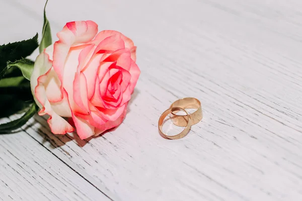 Rosa Chá Rosa Com Anéis Casamento Pranchas Brancas Madeira Fundo — Fotografia de Stock