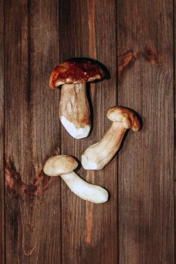 Kahverengi tahtalardan yapılmış bir masada yemek için hazırlanan Boletus edulis..