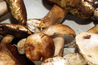 Kahverengi tahtalardan yapılmış bir masada yemek için hazırlanan Boletus edulis..