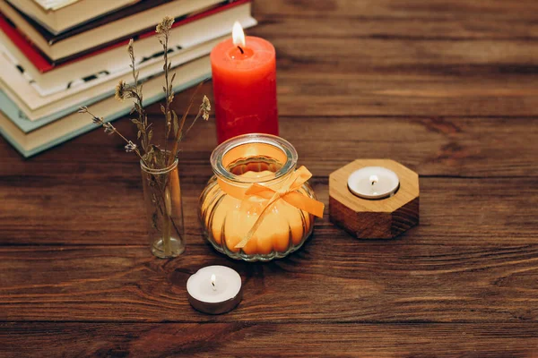 Still Life Skins Orange Aroma Candle Figured Candlestick Bow Books — Stock Photo, Image